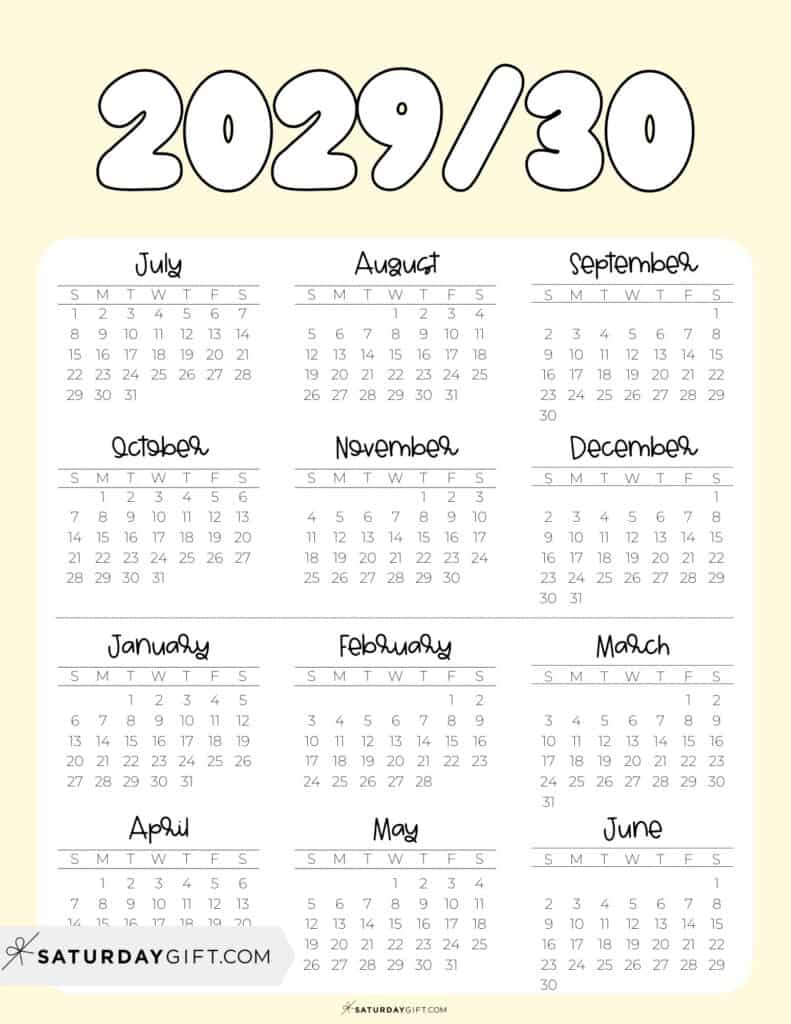 Cute Printable Academic Year Calendar Template 2029-30 Yellow | SaturdayGift