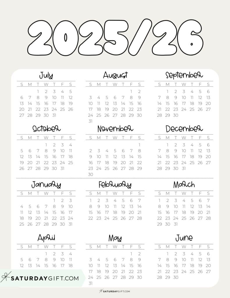 Cute Printable School Calendar Template 2025-26 Beige | SaturdayGift