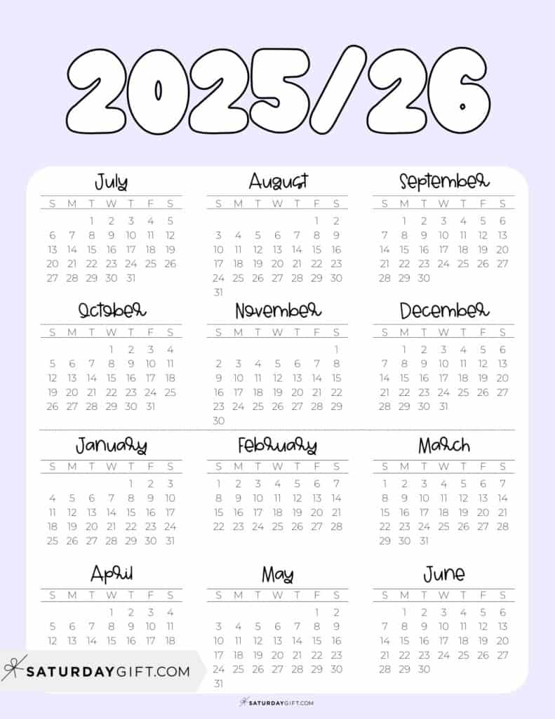 Cute Printable School Calendar Template 2025-26 Lilac | SaturdayGift