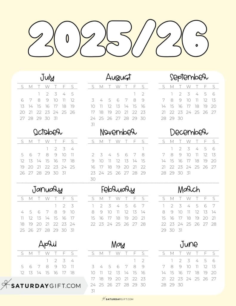 Cute Printable School Calendar Template 2025-26 Yellow | SaturdayGift
