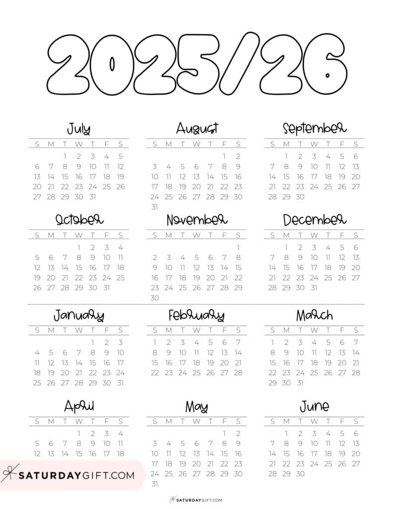 Cute Printable School Year Calendar Template 2025-26 Black & White | SaturdayGift