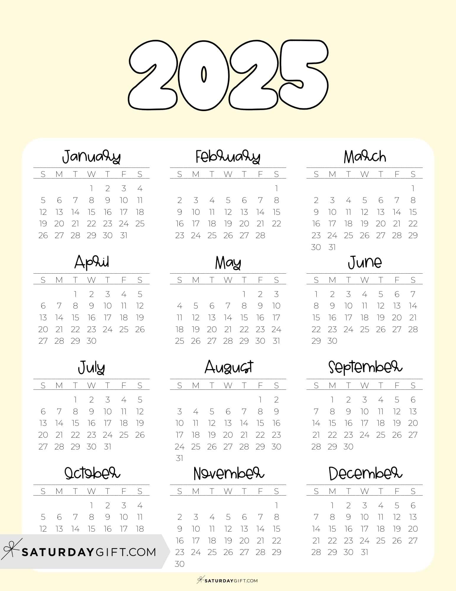 2025 Calendar Printable - 18 Cute & Free 2025 Yearly Calendar Templates