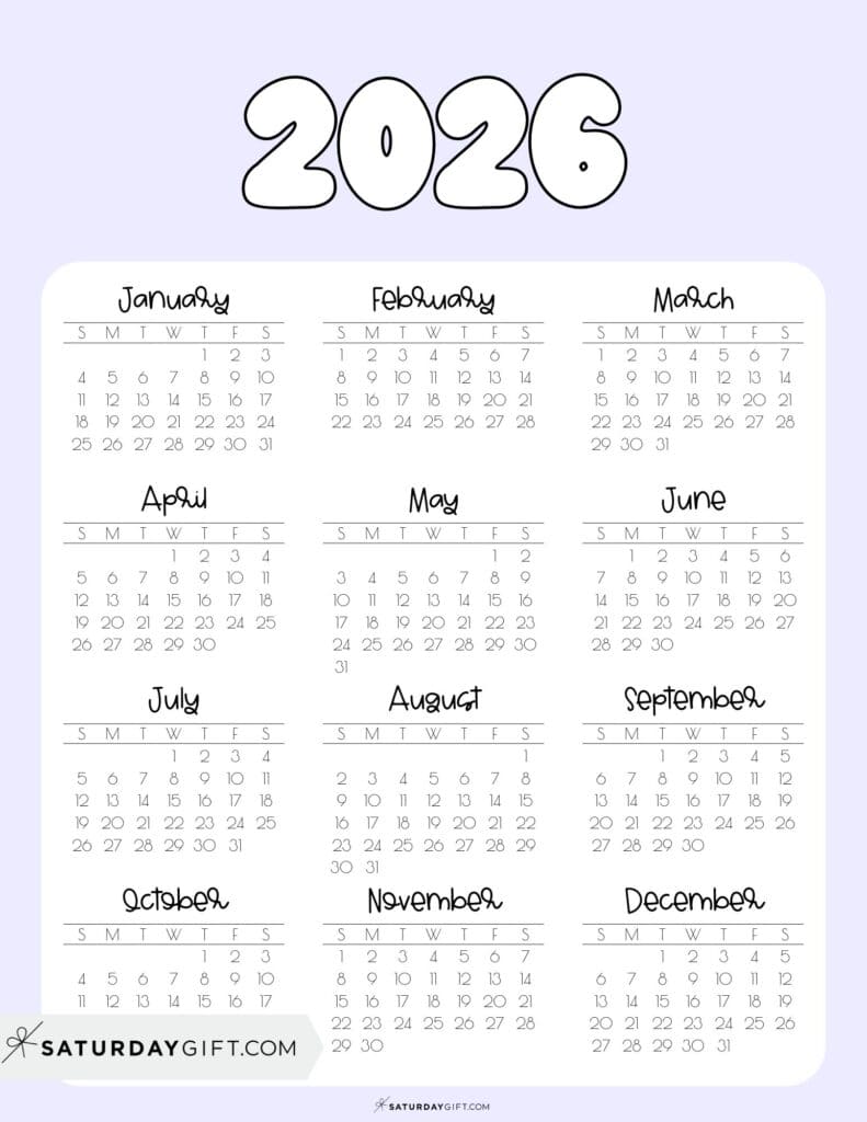 Cute Printable Yearly Calendar PDF 2026 Lilac | SaturdayGift