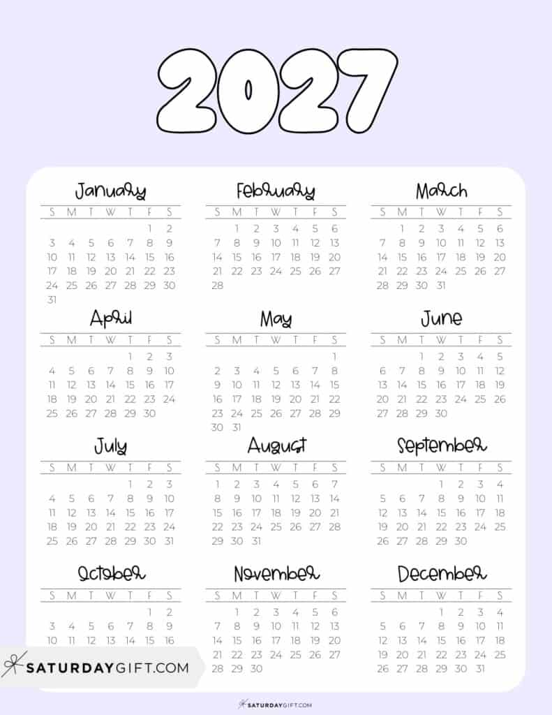 Cute Printable Yearly Calendar PDF 2027 Lilac