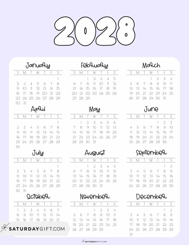 Cute Printable Yearly Calendar PDF 2028 Lilac