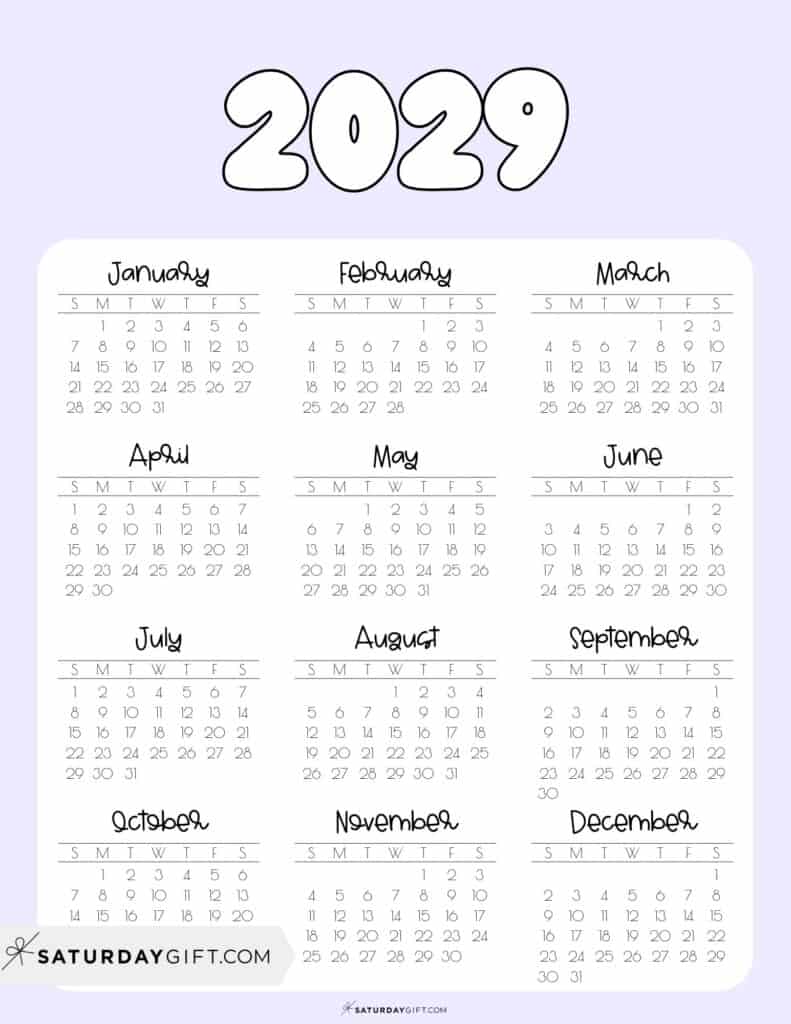 Cute Printable Yearly Calendar PDF 2029 Lilac