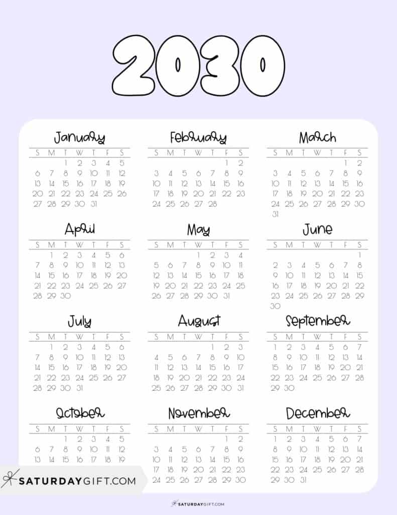 Cute Printable Yearly Calendar PDF 2030 Lilac