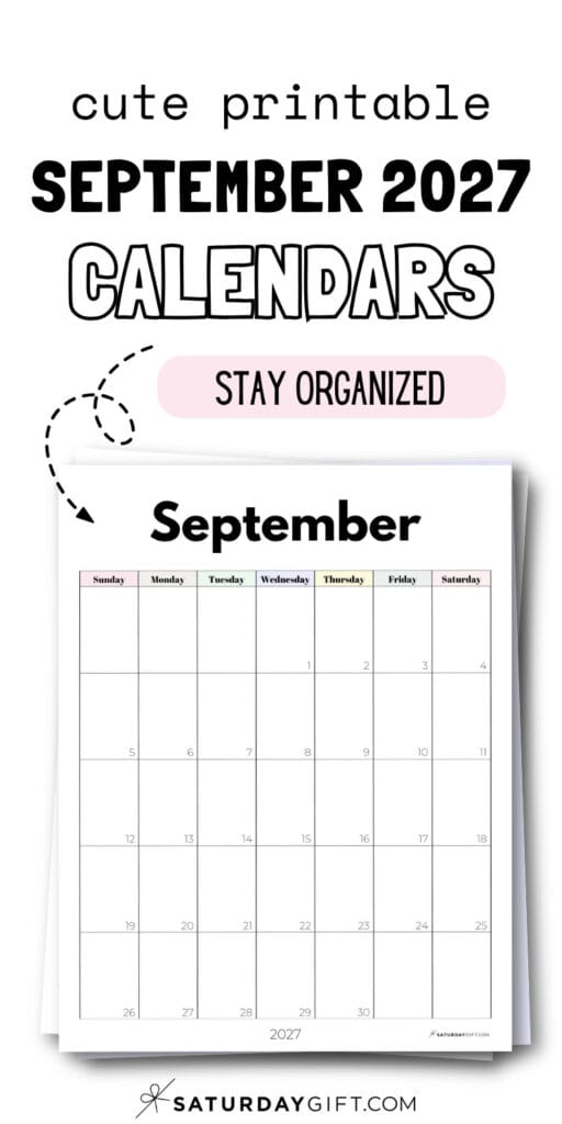 Cute Template September 2027 Calendars - Stay Organized | SaturdayGift
