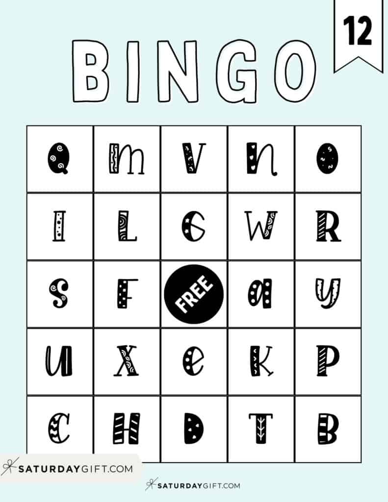 Cute alphabet bingo card number 12 - free printable | SaturdayGift