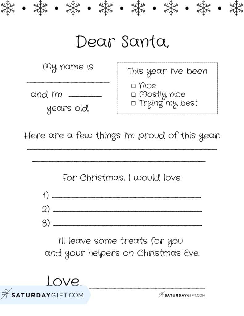 Dear Santa Letter Free Printable Version 1 Snowflake Black and White | SaturdayGift