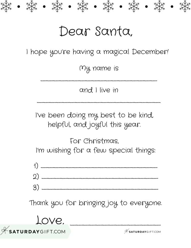 Dear Santa Letter Free Printable Version 3 Snowflake Black and White | SaturdayGift