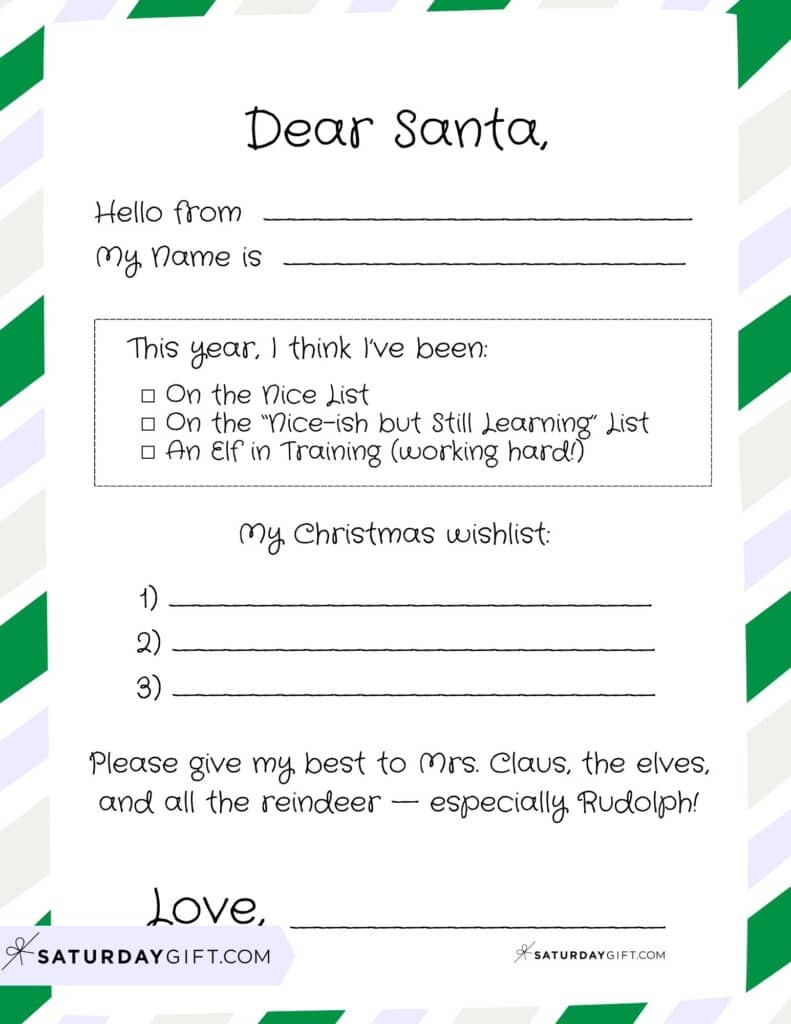 Dear Santa Letter to Santa Printable Free Version 2 Candy Stripe | SaturdayGift