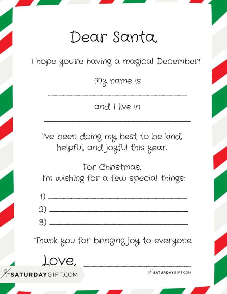 Dear Santa Letter to Santa Printable Free Version 3 Candy Stripe | SaturdayGift