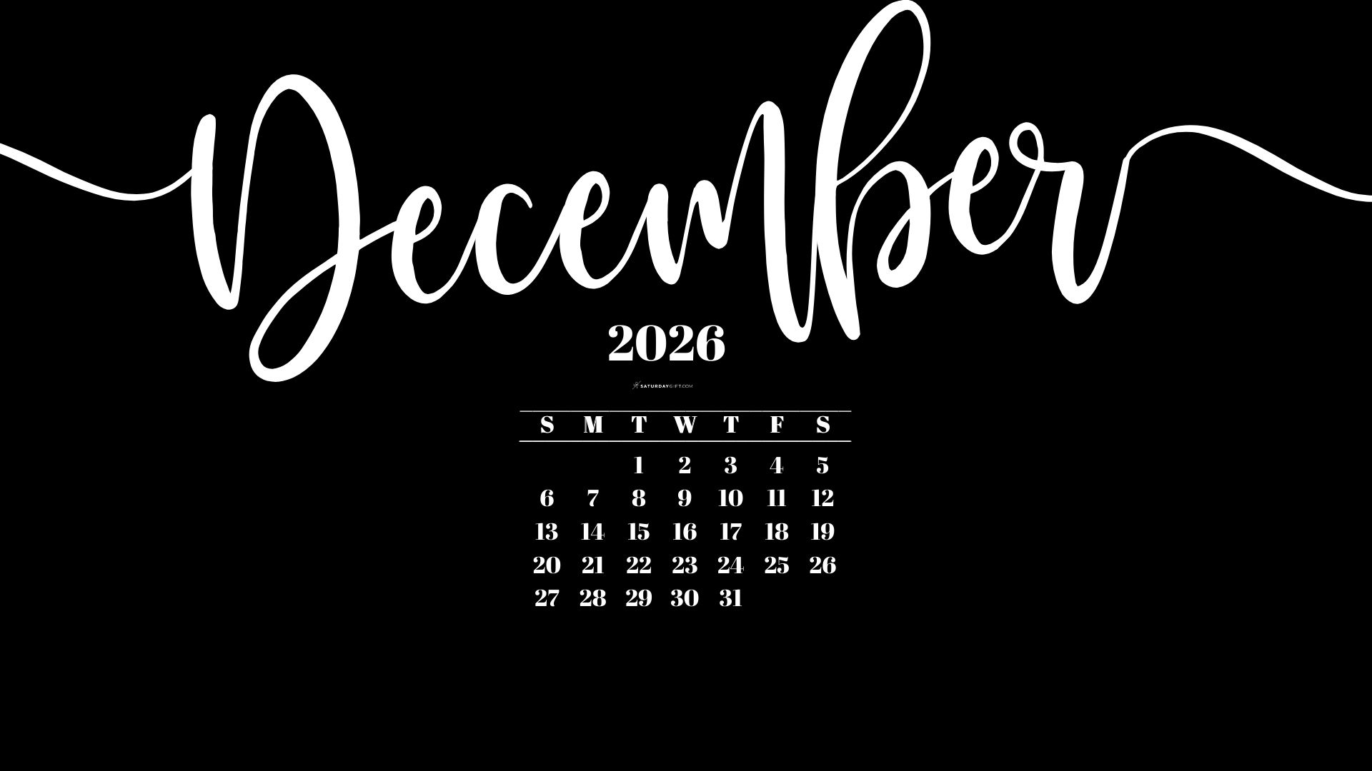 December 2026 Desktop Background Wallpaper - Black | SaturdayGift