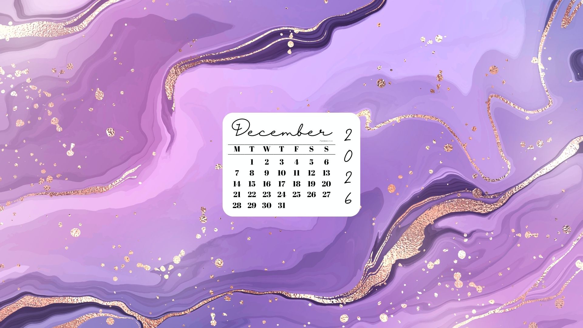 December 2026 Desktop Wallpaper Background - Gold & Lilac | SaturdayGift