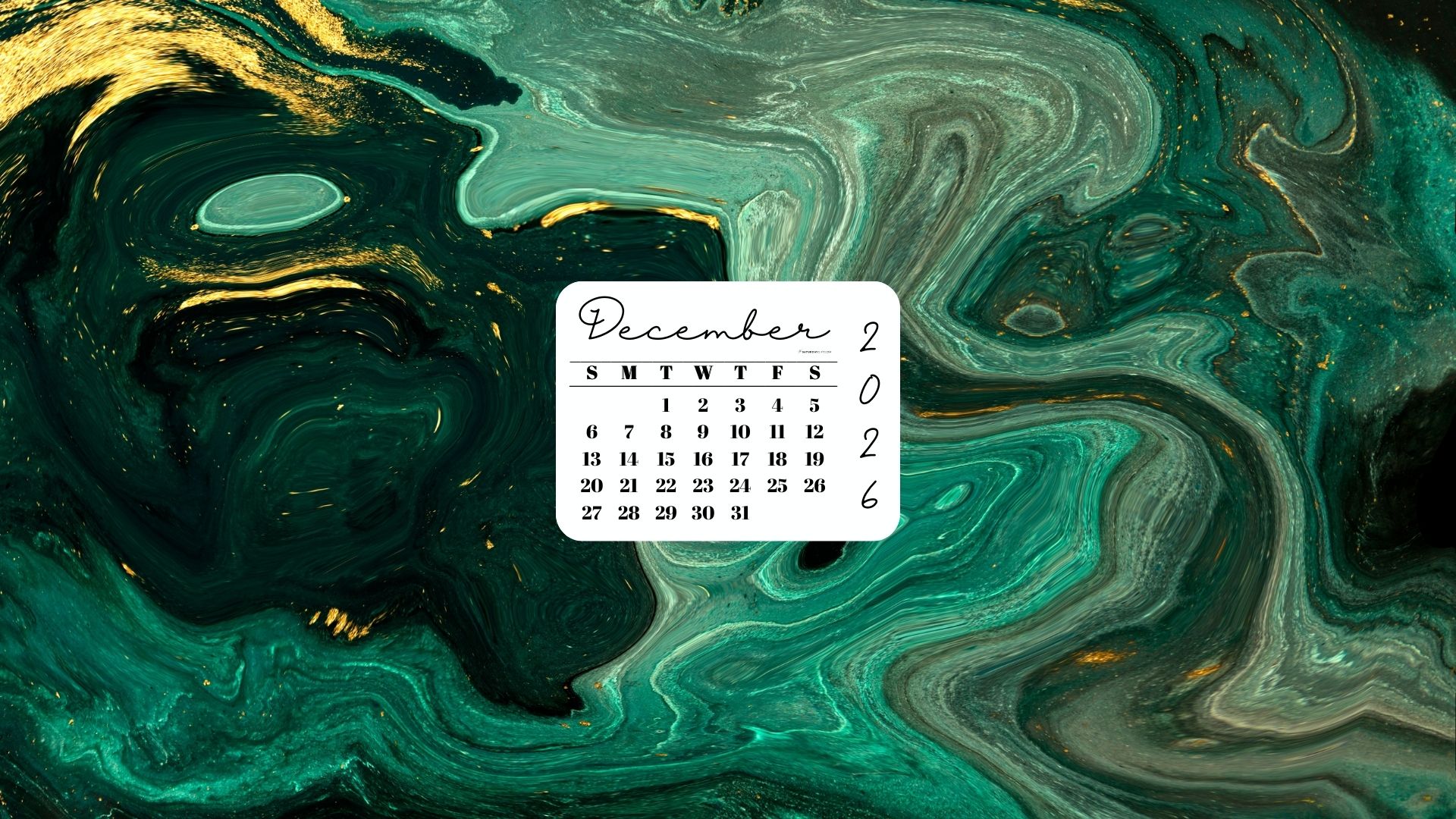 December 2026 Desktop Wallpaper Background - Green & Gold | SaturdayGift