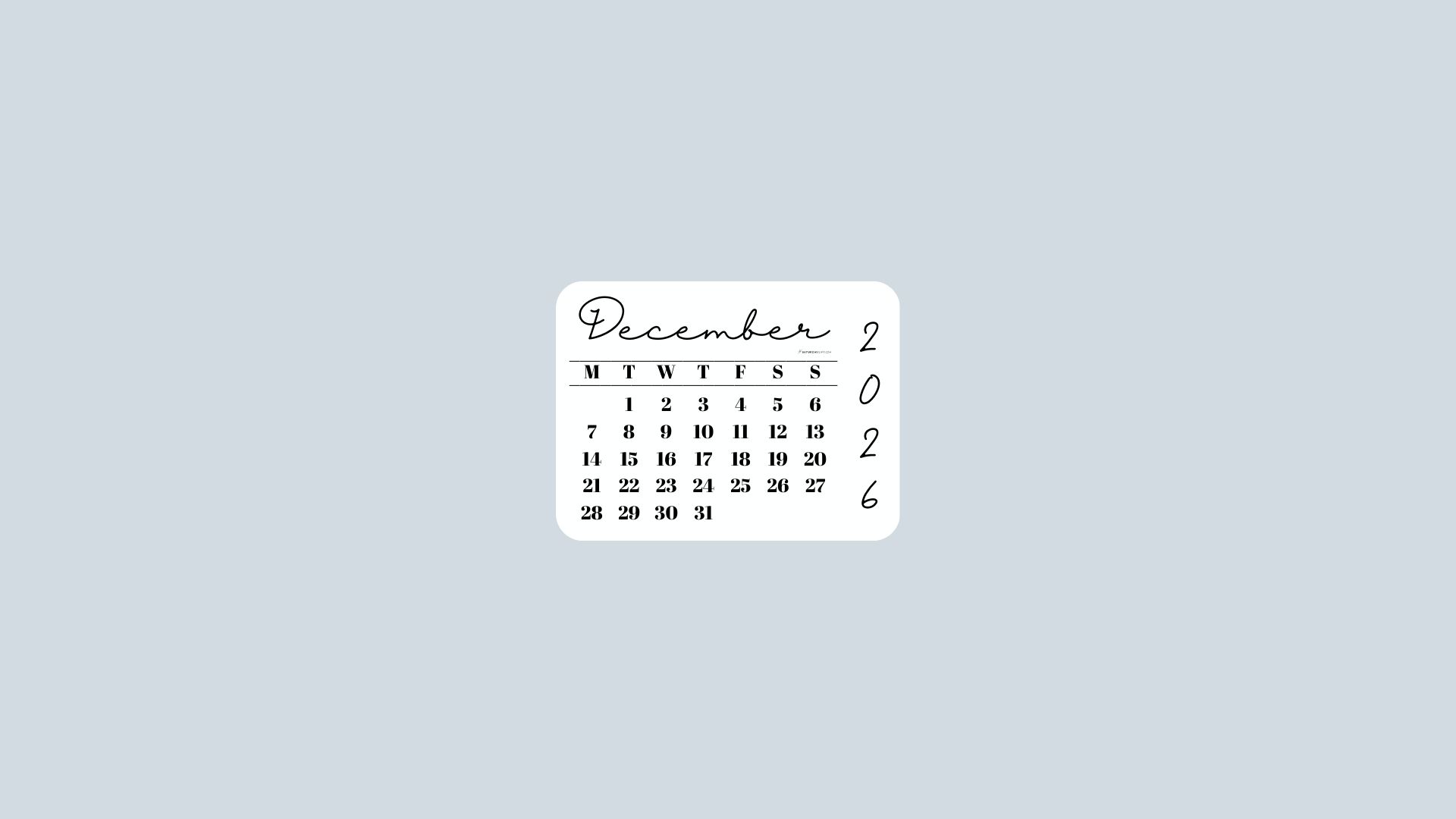 December 2026 Desktop Wallpaper Background - Minimal Grey | SaturdayGift
