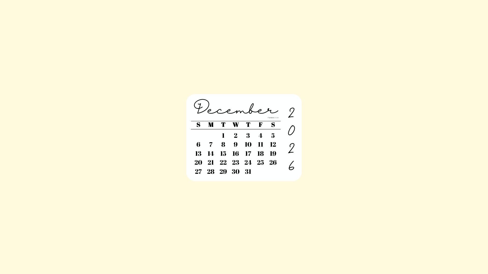 December 2026 Desktop Wallpaper Background - Minimal Yellow | SaturdayGift