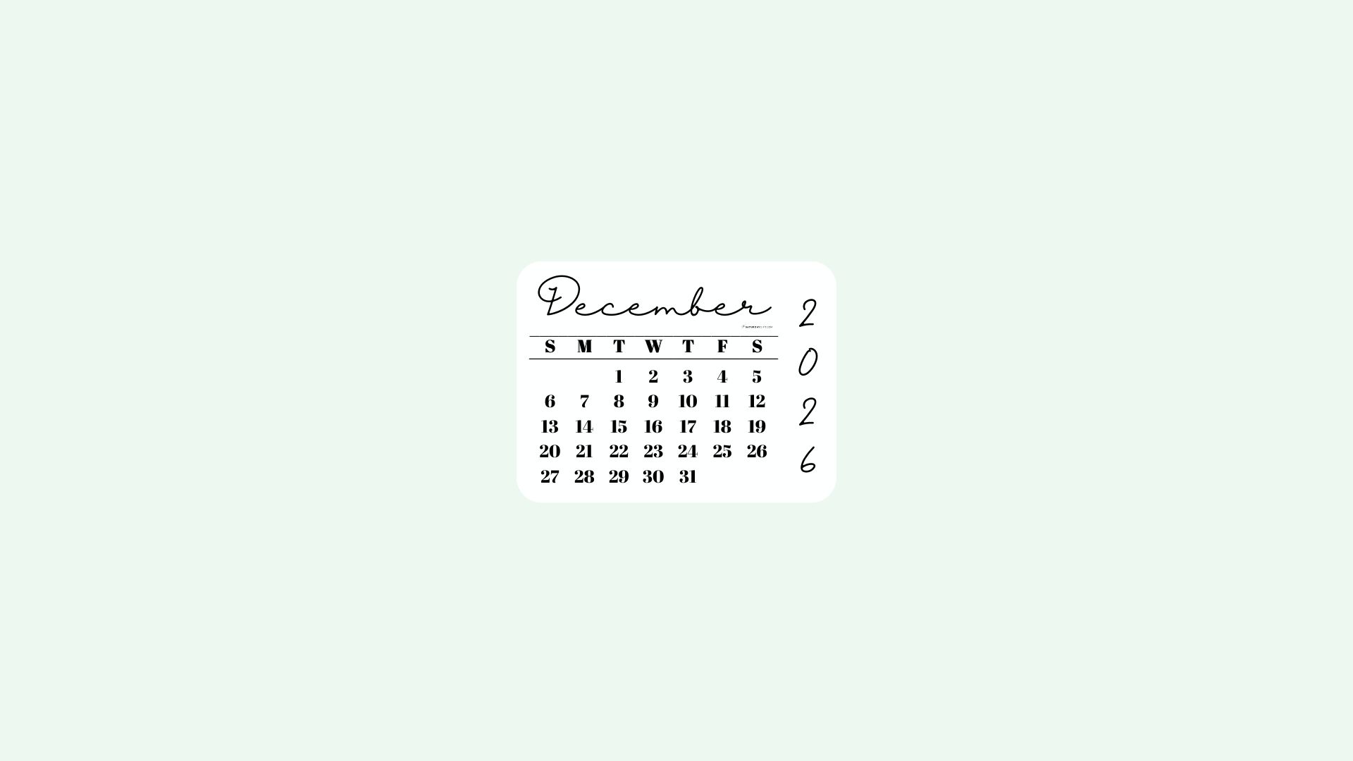 December 2026 Desktop Wallpaper Background - Simple Green | SaturdayGift