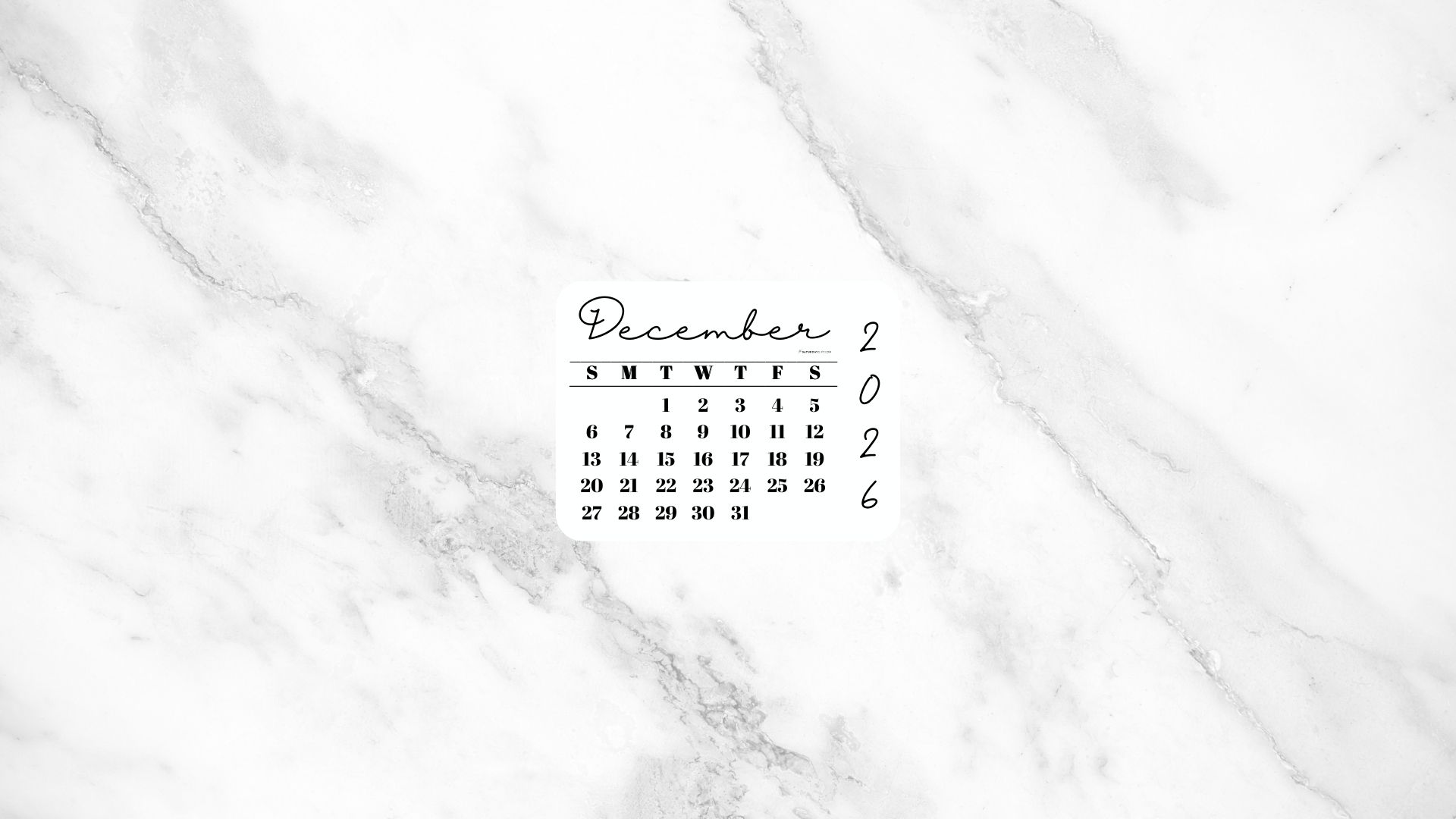 December 2026 Desktop Wallpaper Background - White Marble | SaturdayGift
