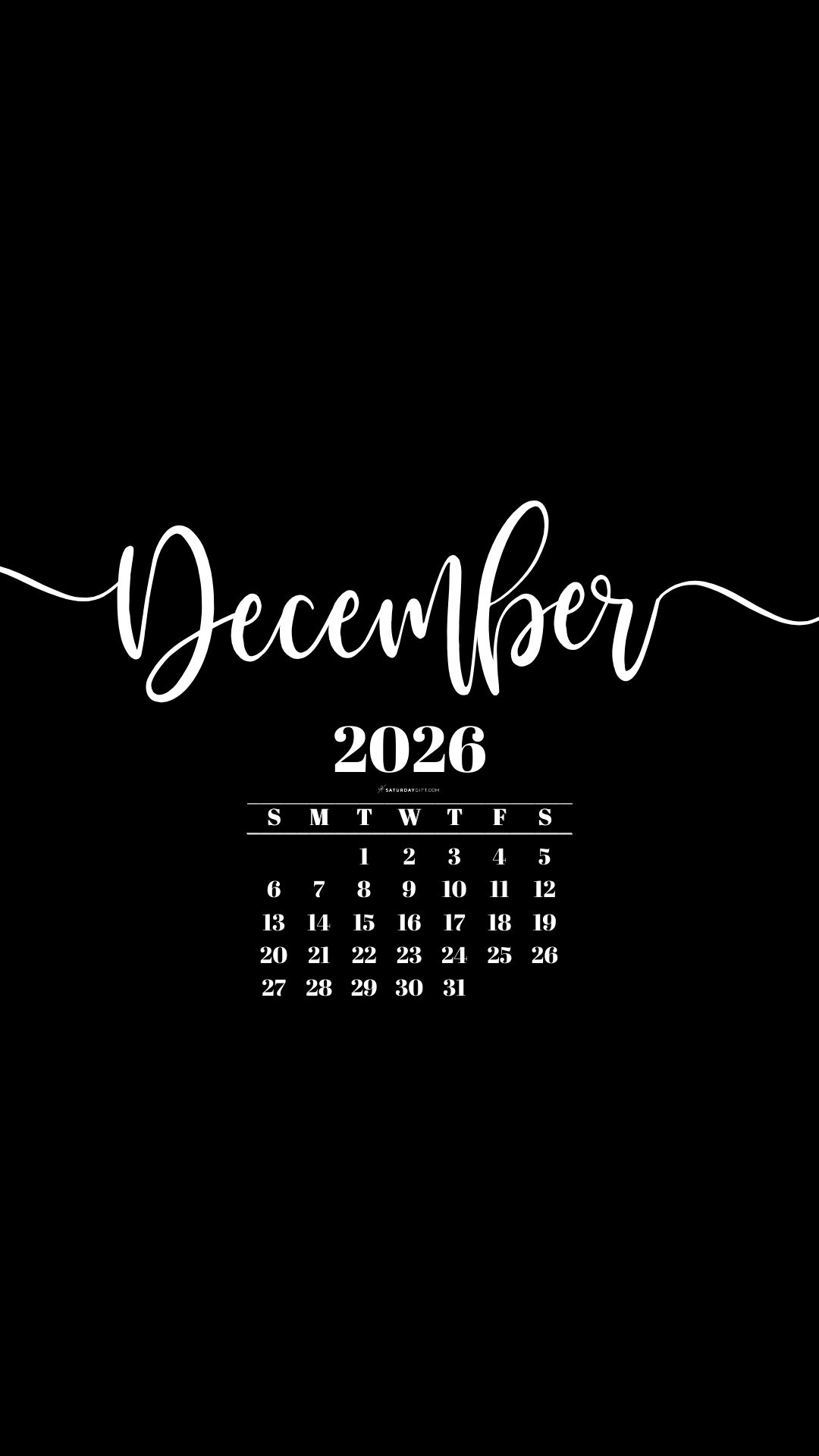 December 2026 Phone Background Wallpaper - Black | SaturdayGift