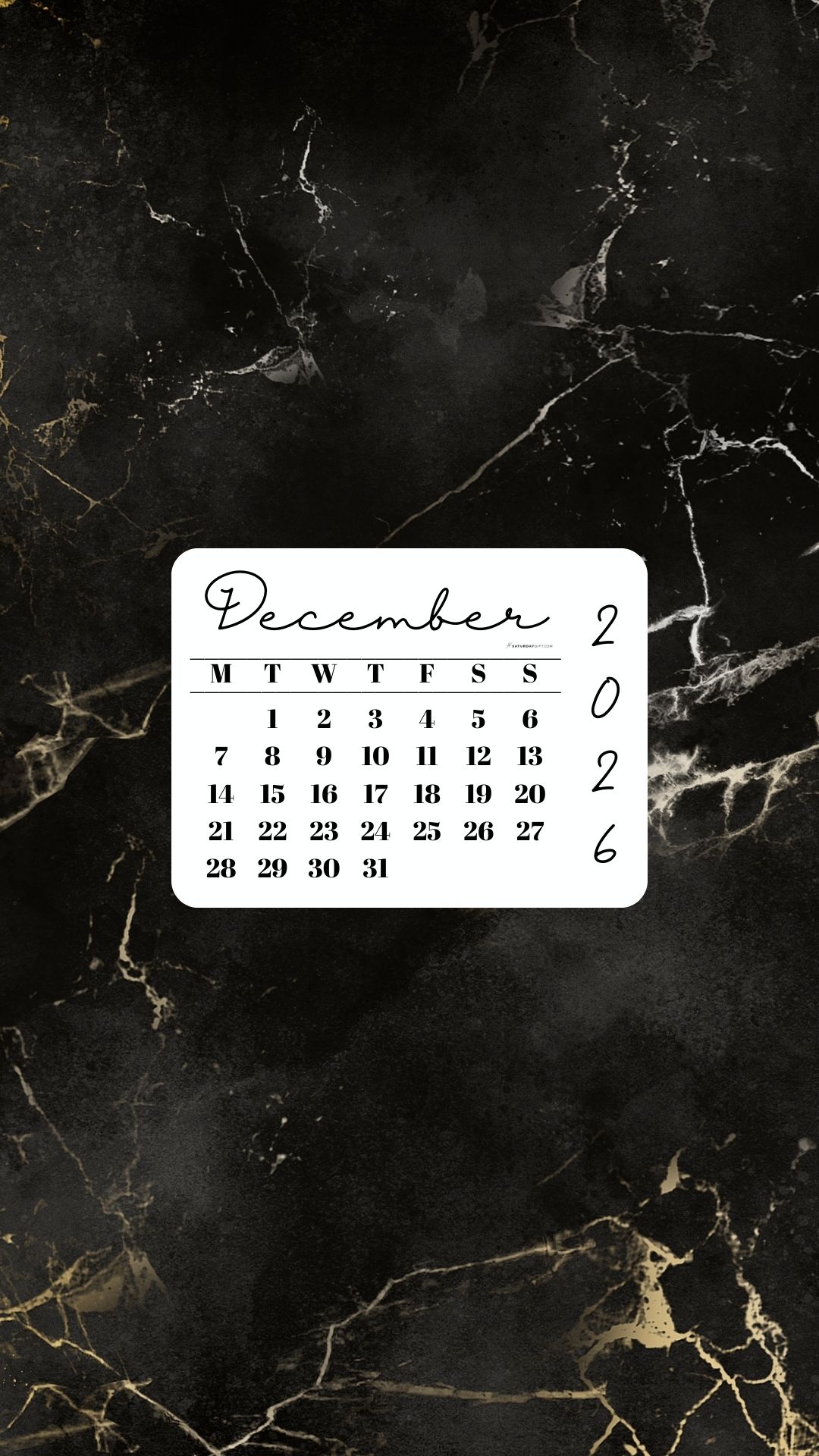 December 2026 Phone Wallpaper Background - Black & Gold Marble | SaturdayGift