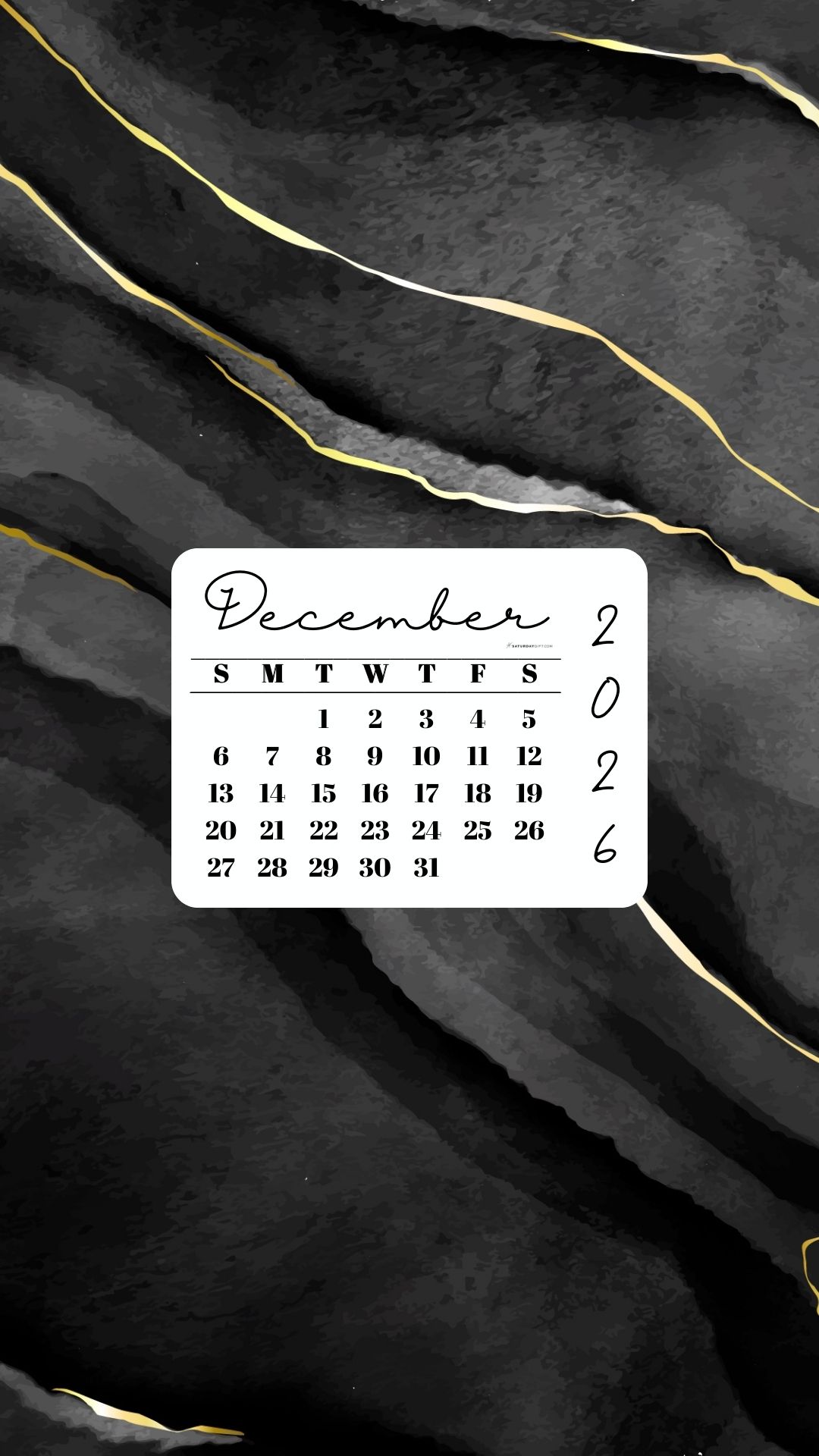 December 2026 Phone Wallpaper Background - Black & Gold Watercolor | SaturdayGift