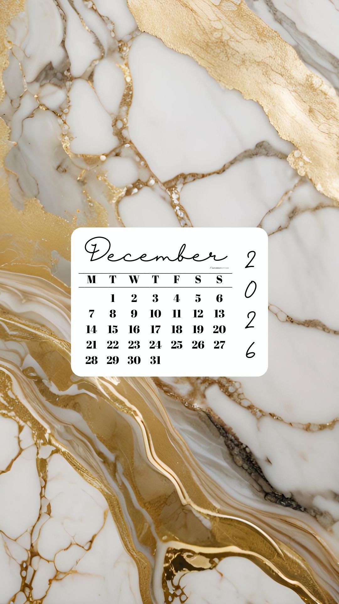 December 2026 Phone Wallpaper Background - Gold Marble | SaturdayGift