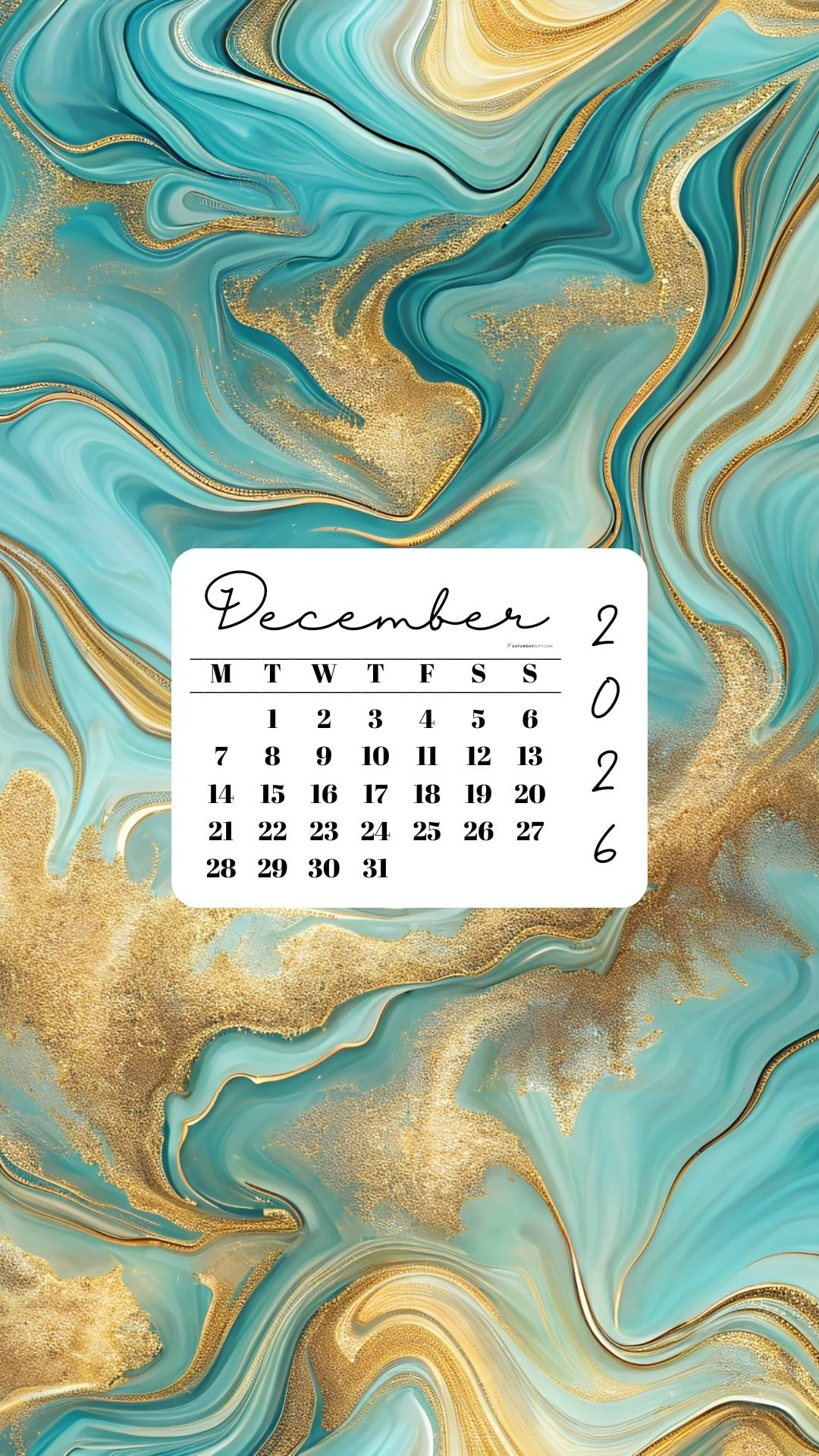 December 2026 Phone Wallpaper Background - Gold & Turquoise | SaturdayGift