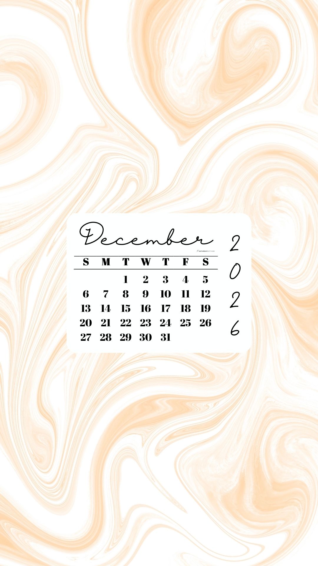 December 2026 Phone Wallpaper Background - Light Marble | SaturdayGift
