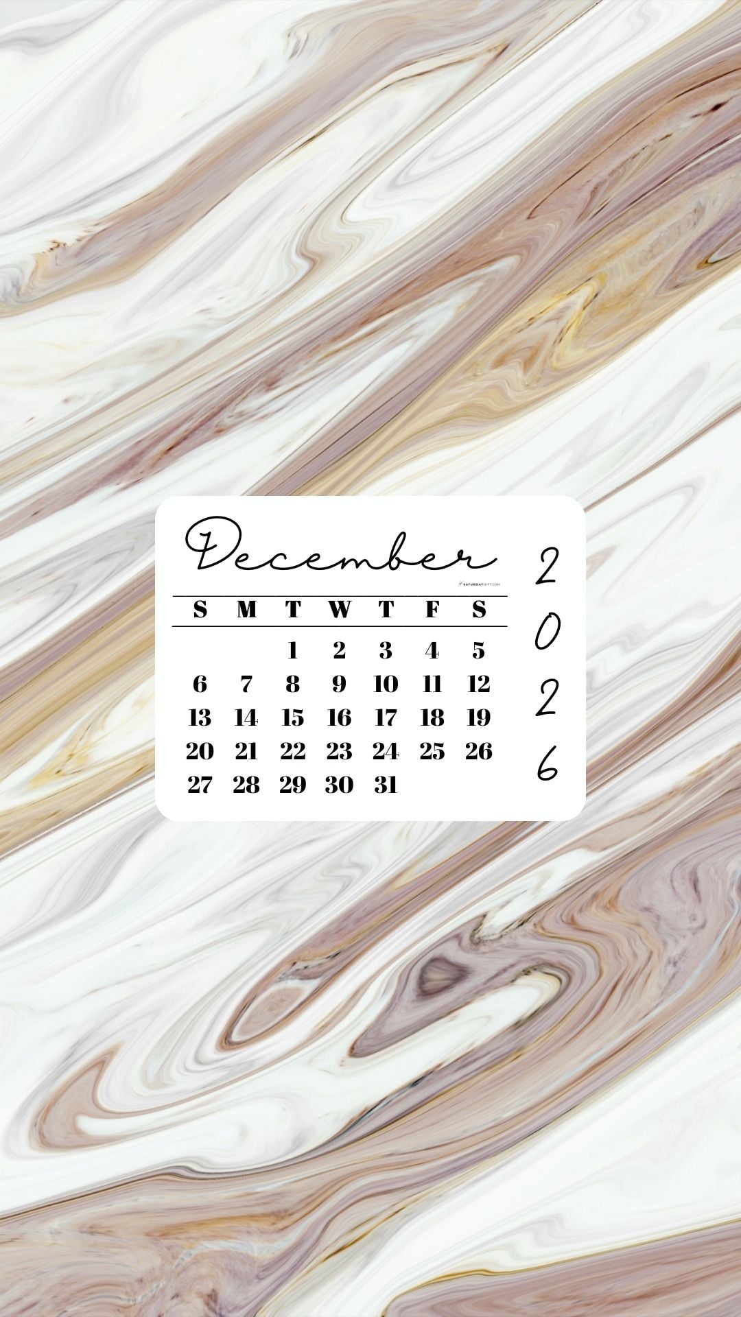 December 2026 Phone Wallpaper Background - Marble | SaturdayGift
