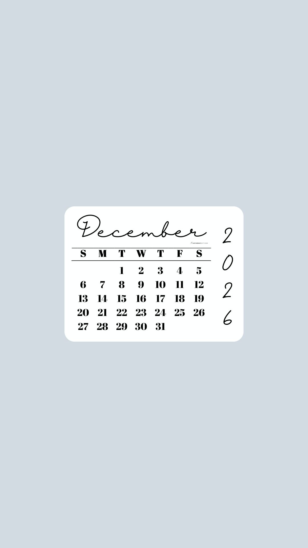 December 2026 Phone Wallpaper Background - Minimal Grey | SaturdayGift