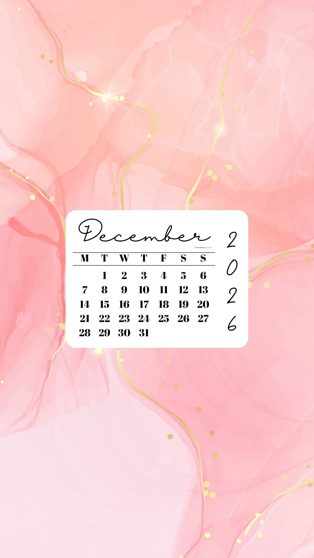 December 2026 Phone Wallpaper Background - Peach & Gold | SaturdayGift