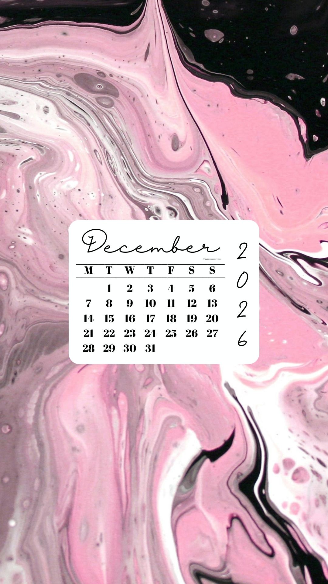 December 2026 Phone Wallpaper Background - Pink & Black | SaturdayGift