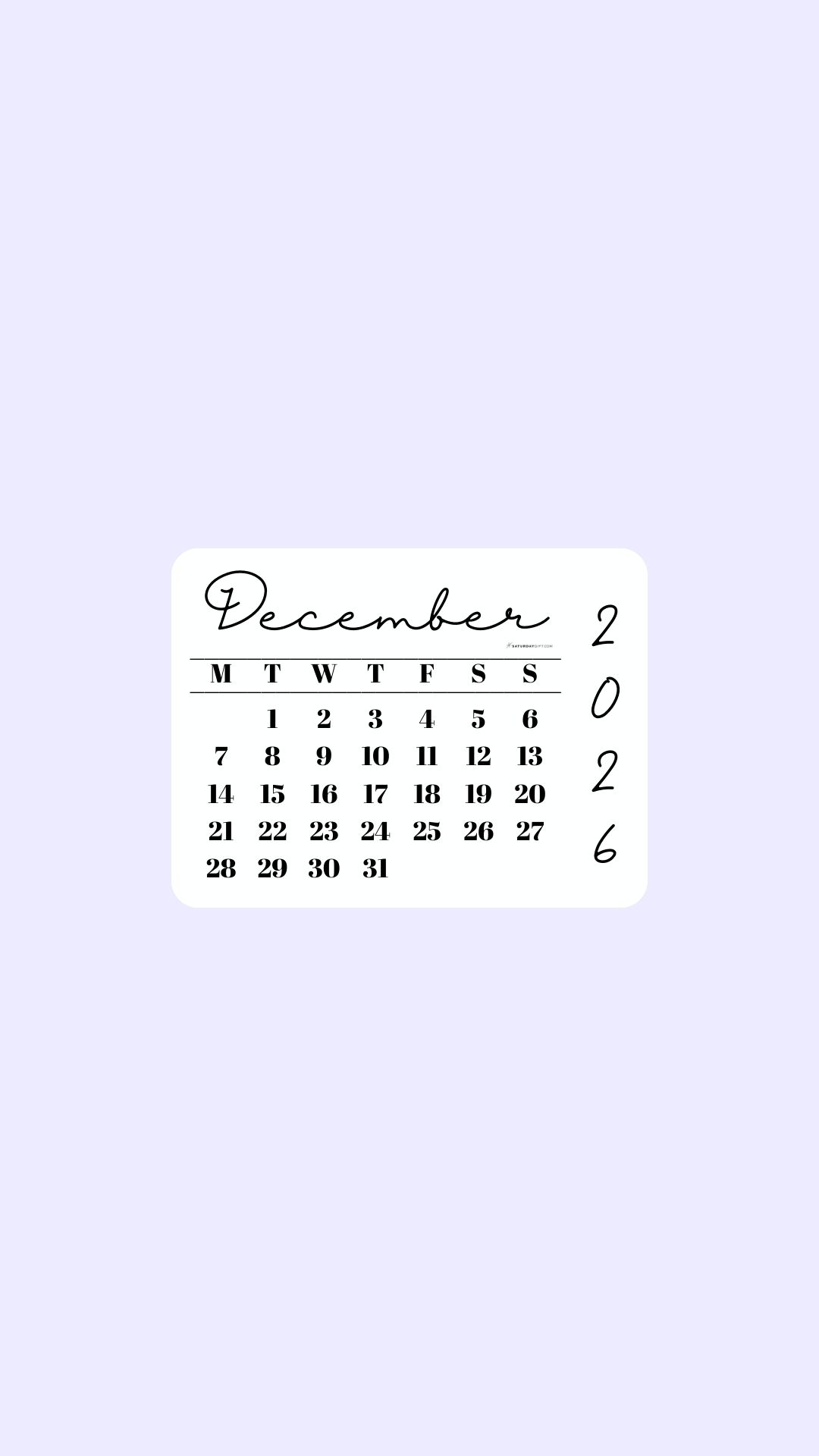 December 2026 Phone Wallpaper Background - Simple Lilac | SaturdayGift
