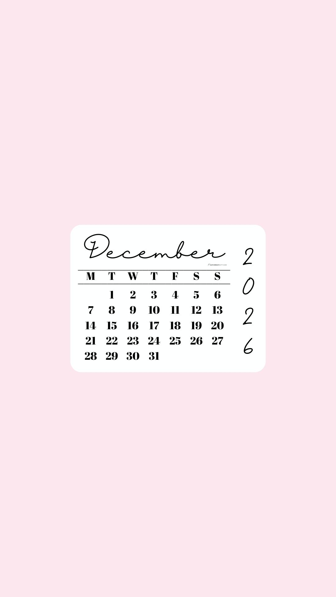 December 2026 Phone Wallpaper Background - Simple Pink | SaturdayGift