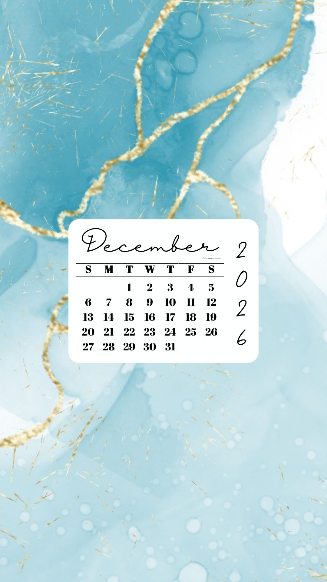 December 2026 Phone Wallpaper Background - Turquoise Marble | SaturdayGift