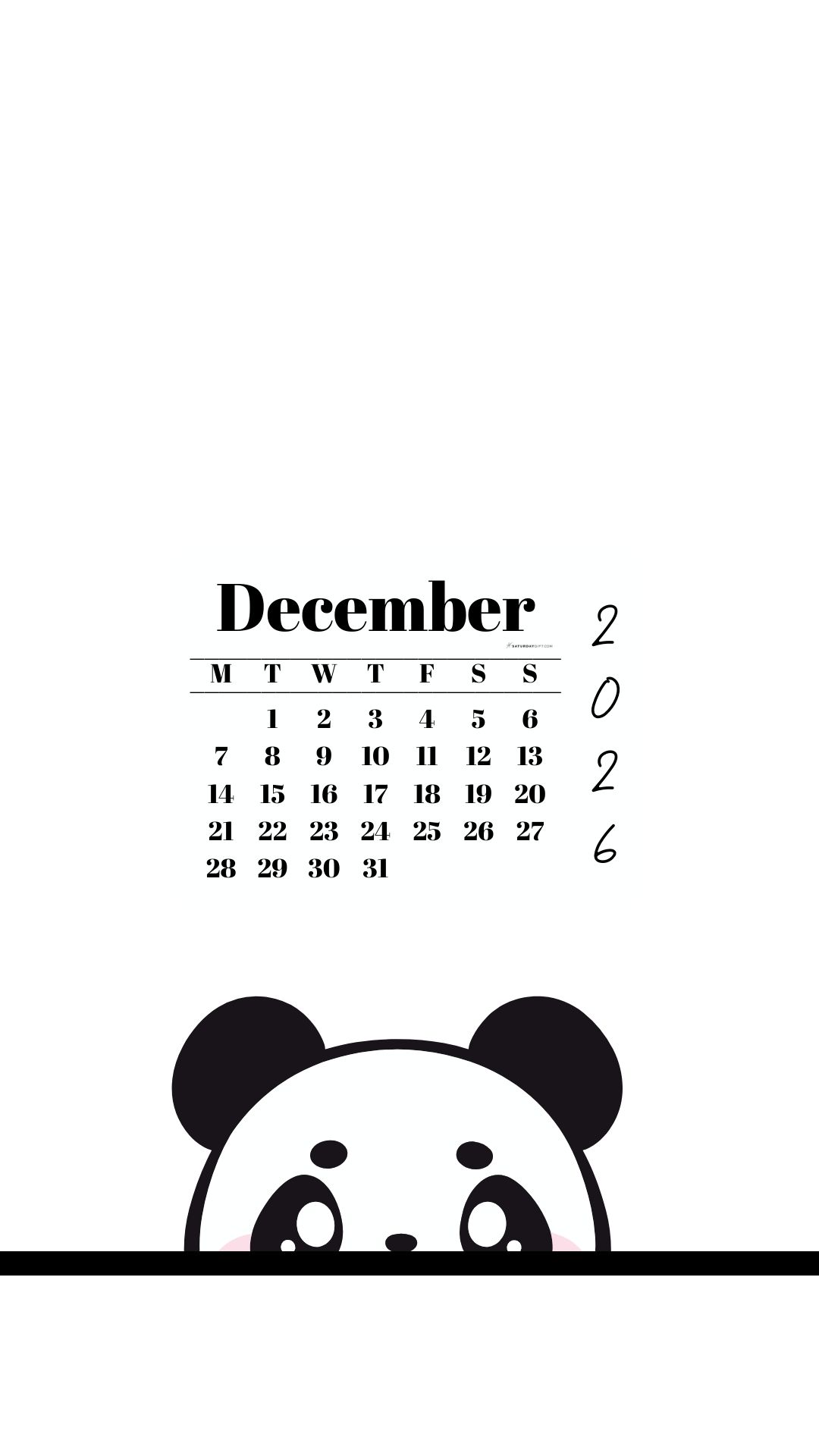 December 2026 Wallpaper for Phone - Shy Panda | SaturdayGift