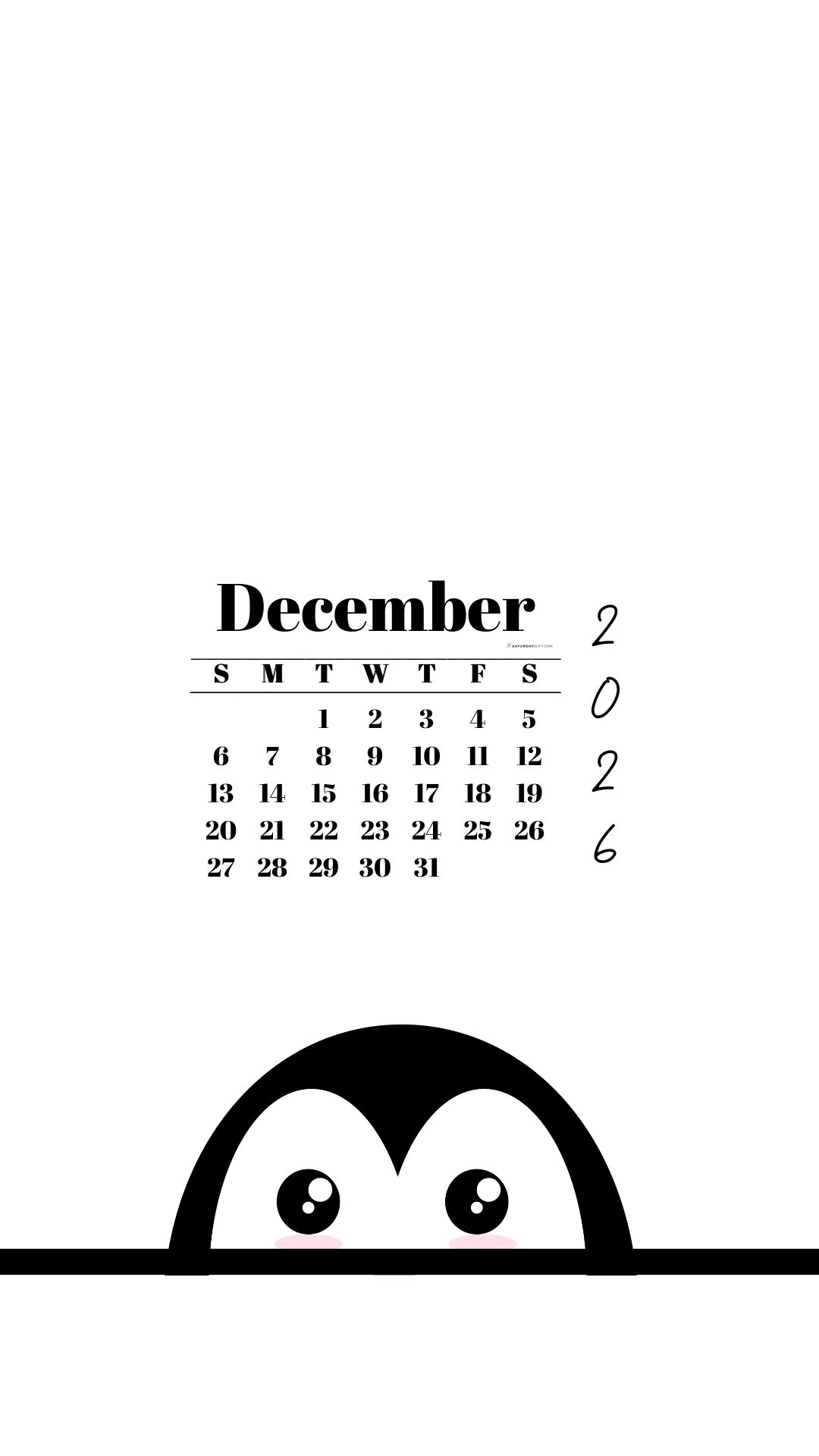 December 2026 Wallpaper for Phone - Shy Penguin | SaturdayGift