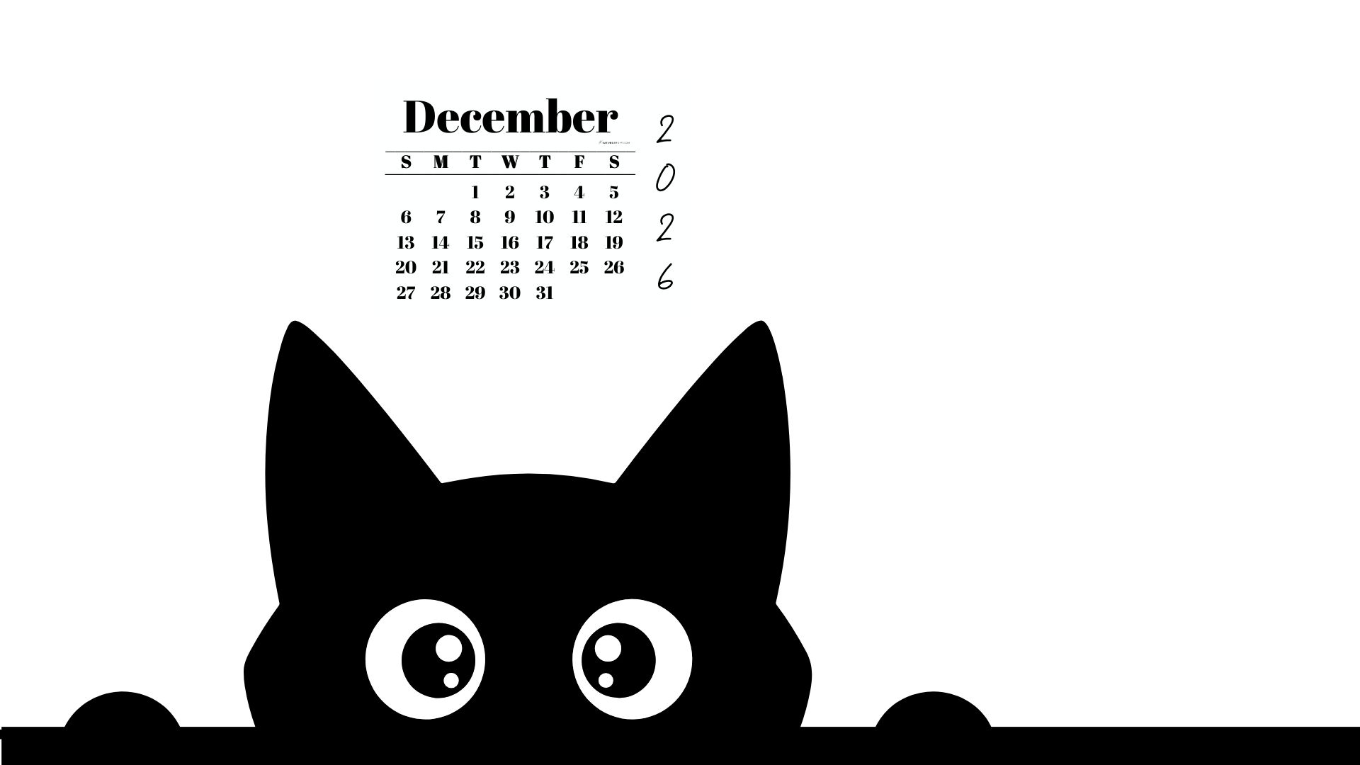 December Calendar 2026 Desktop Background - Shy Cat White | SaturdayGift