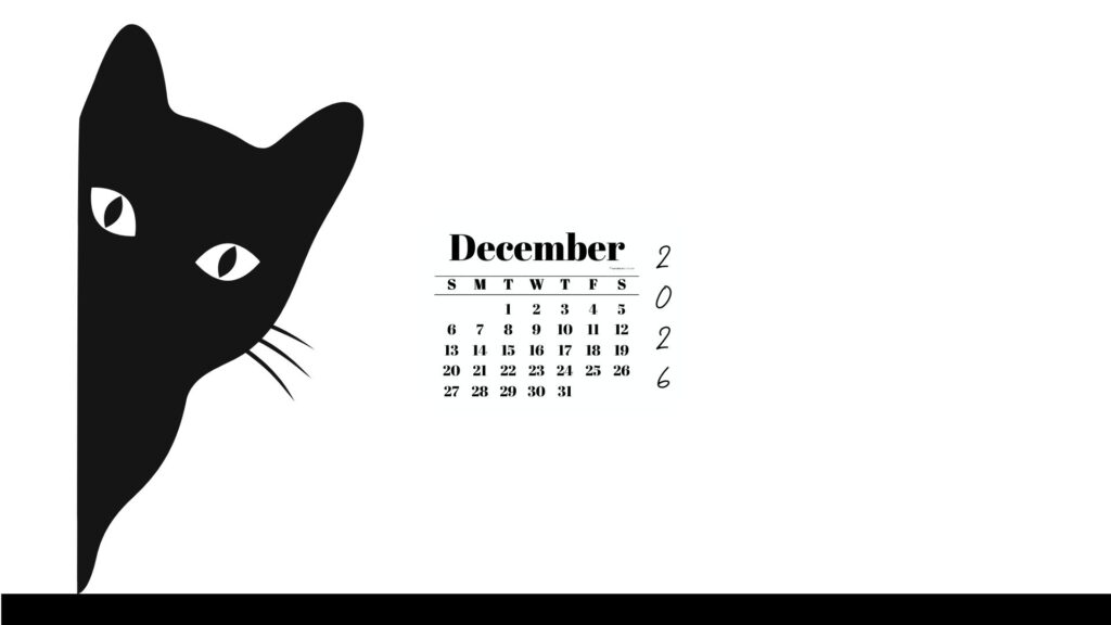 December Desktop Wallpaper 2026 - Black Cat White Background | SaturdayGift
