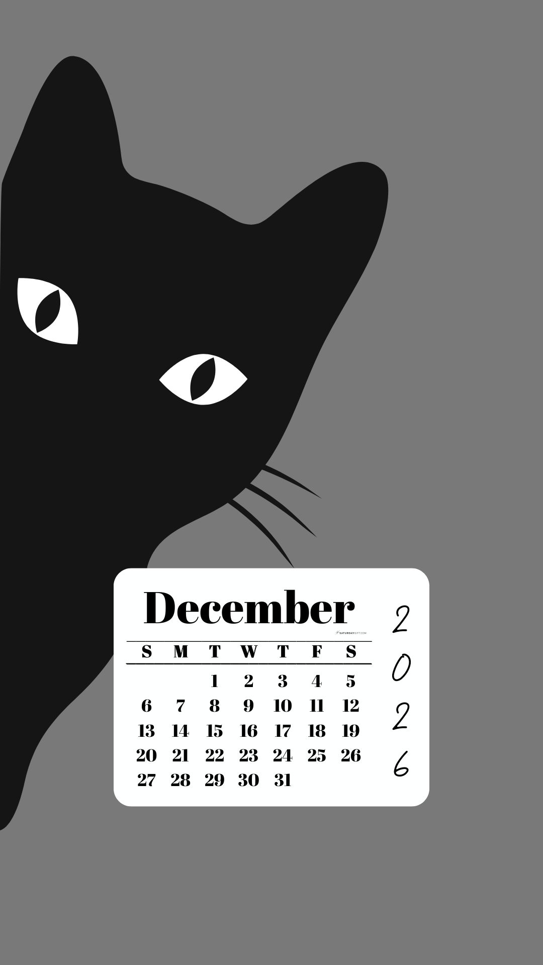 December Phone Wallpaper 2026 - Black Cat Grey Background | SaturdayGift
