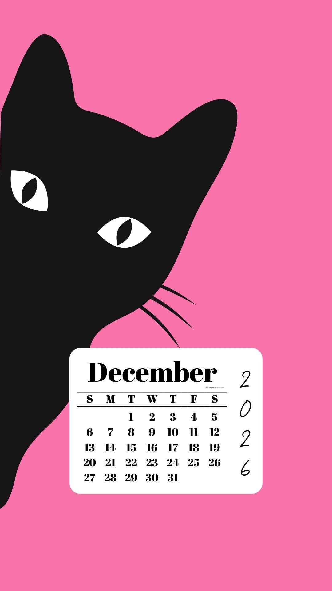December Phone Wallpaper 2026 - Black Cat Pink Background | SaturdayGift