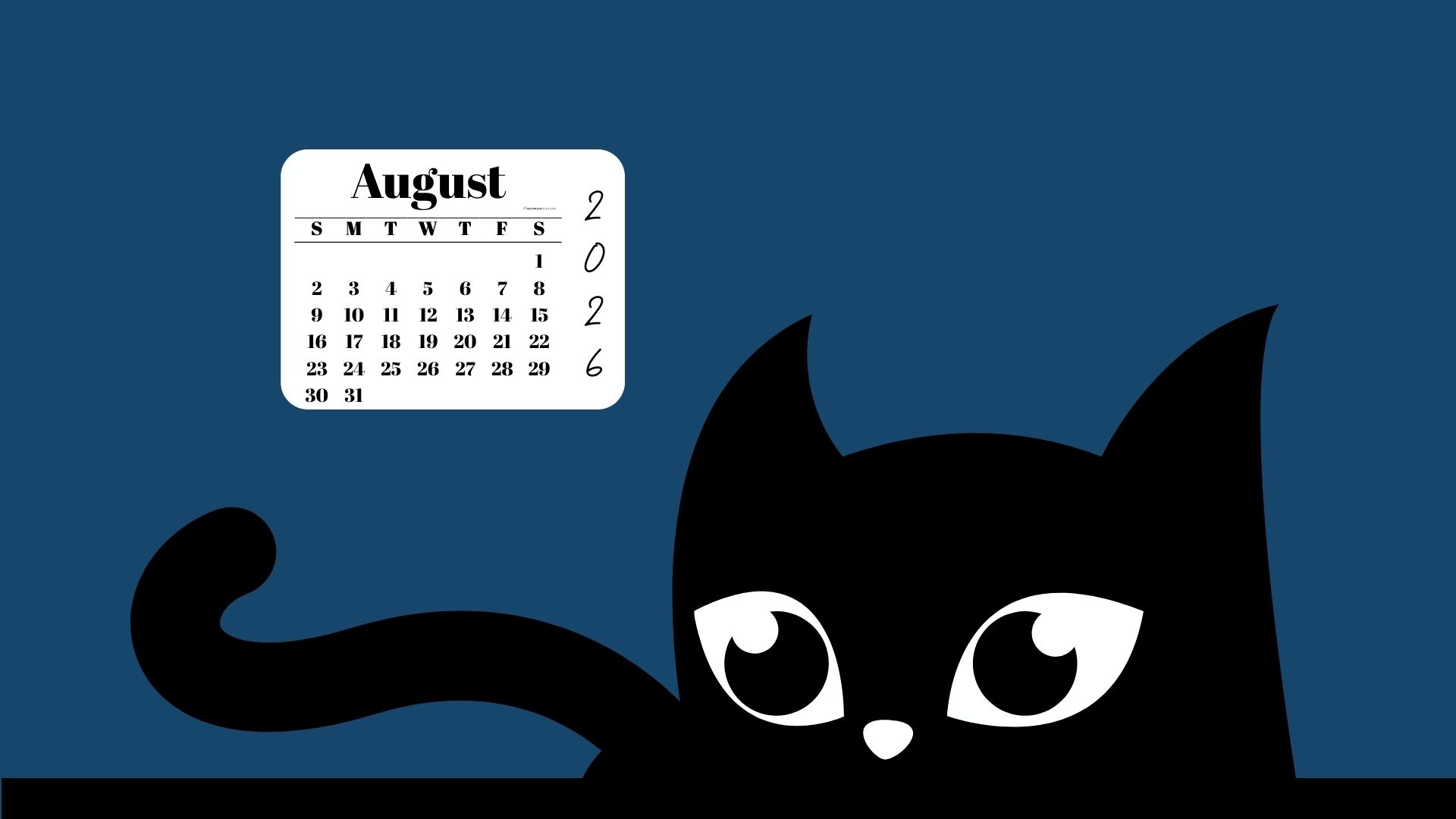 Desktop Background Wallpaper August Calendar 2026 - Black Cat Blue | SaturdayGift