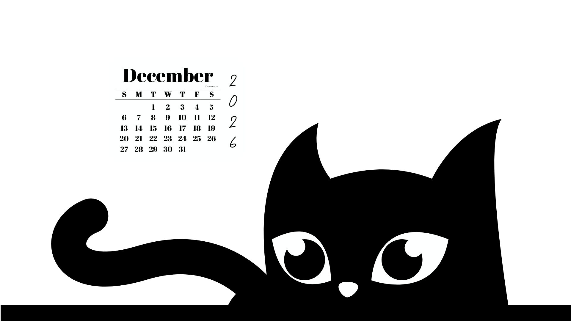 Desktop Background Wallpaper December Calendar 2026 - Black Cat White | SaturdayGift