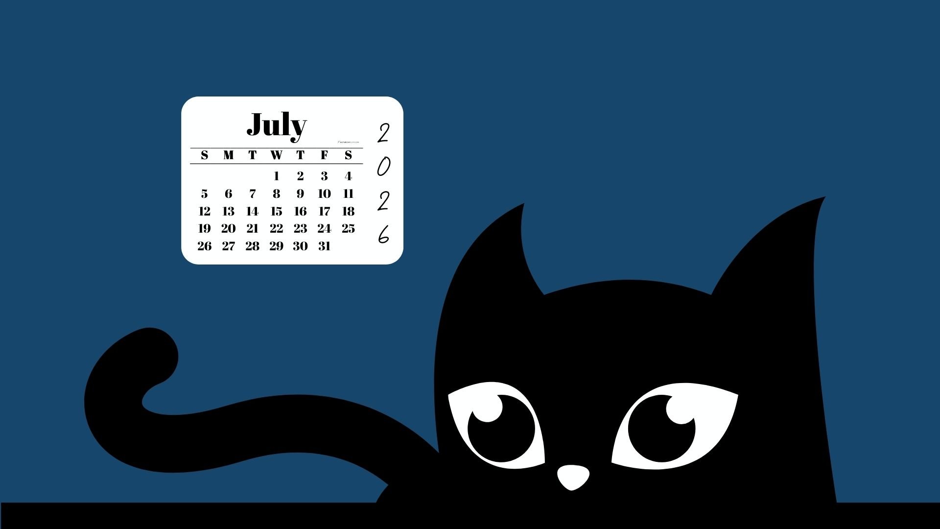 Desktop Background Wallpaper July Calendar 2026 - Black Cat Blue | SaturdayGift