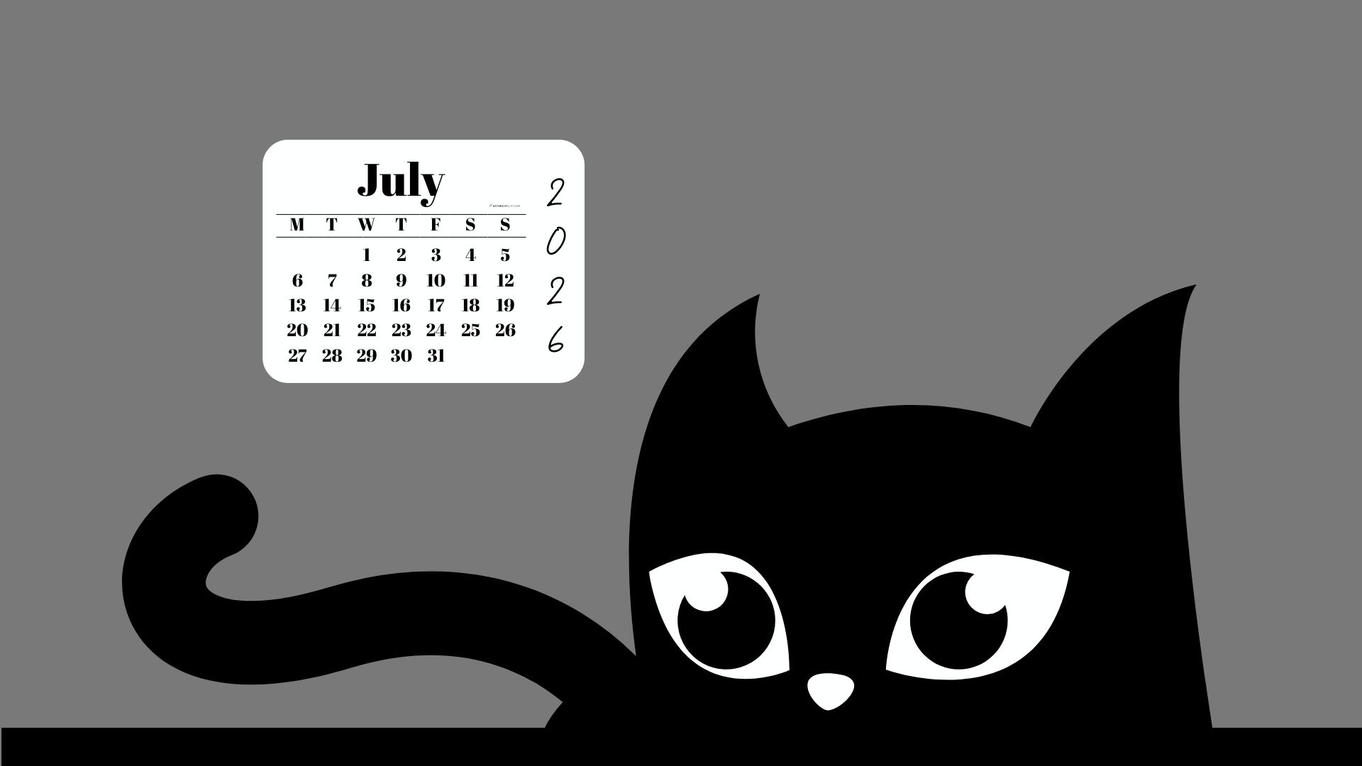 Desktop Background Wallpaper July Calendar 2026 - Black Cat Grey | SaturdayGift