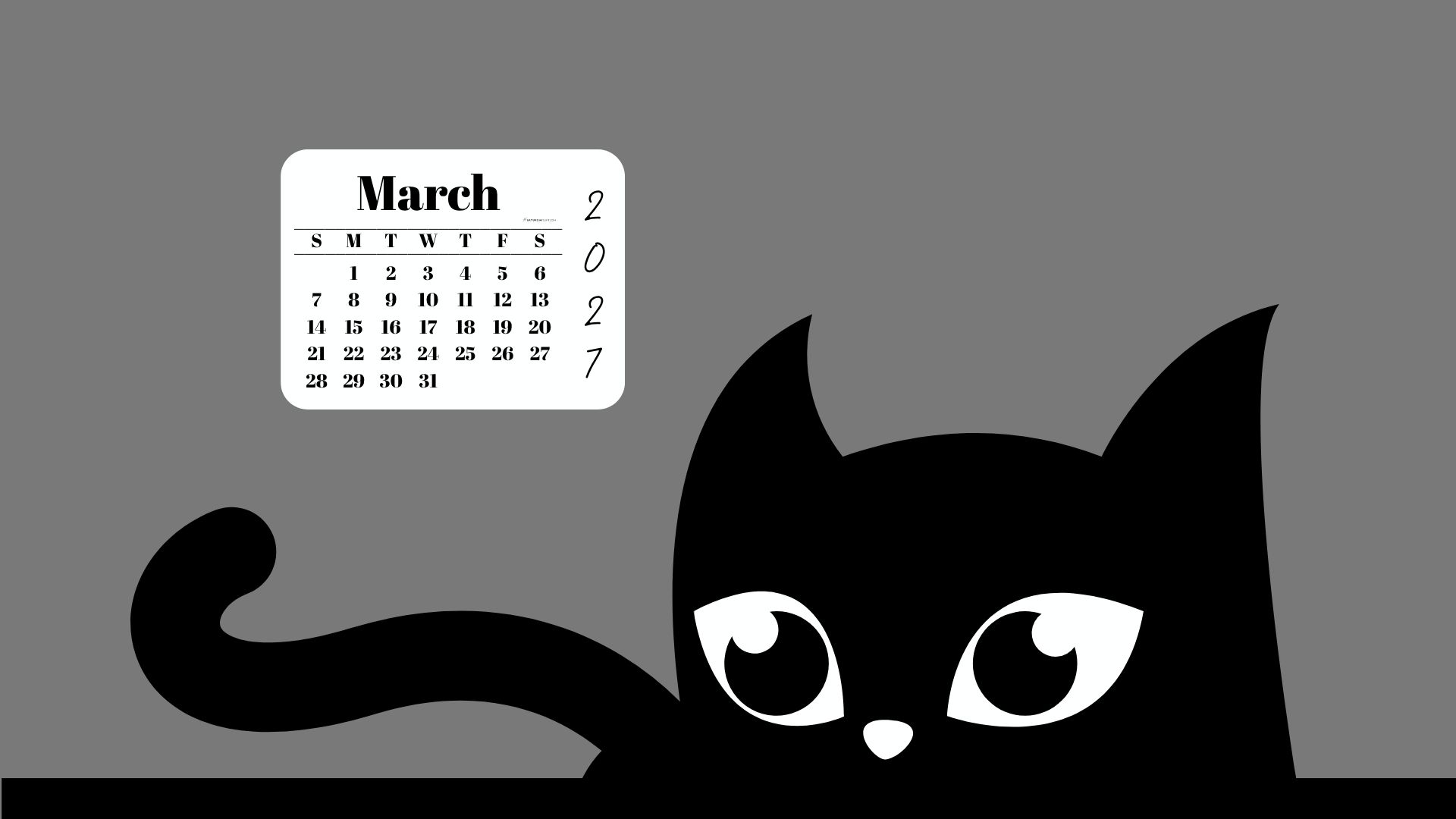 Desktop Background Wallpaper March 2027 Calendar - Black Cat Grey | SaturdayGift