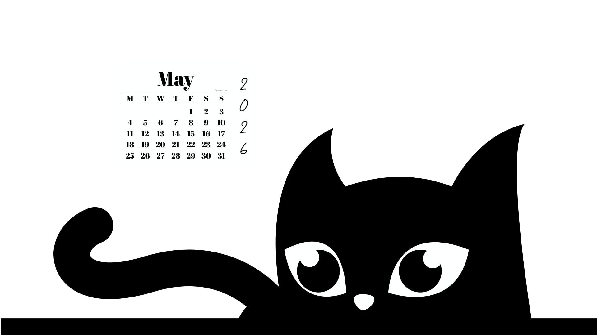 Desktop Background Wallpaper May Calendar 2026 - Black Cat White | SaturdayGift