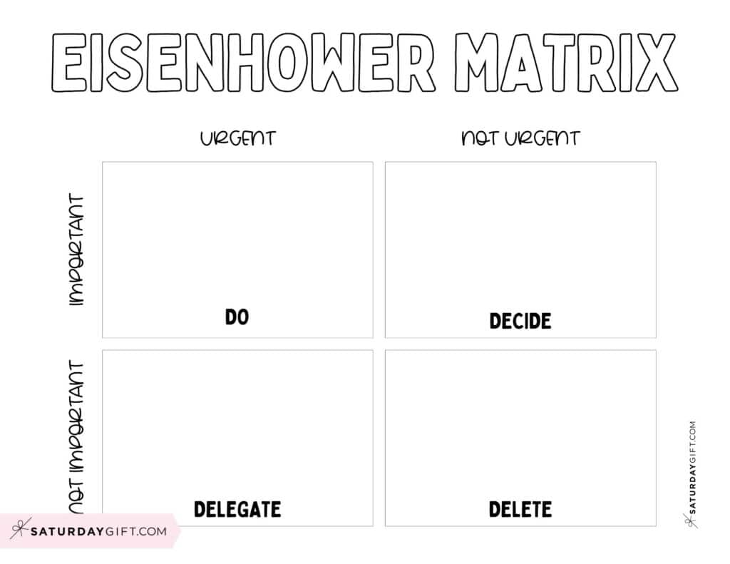 Eisenhower Matrix Printable PDF - Free Template - Black & White | SaturdayGift